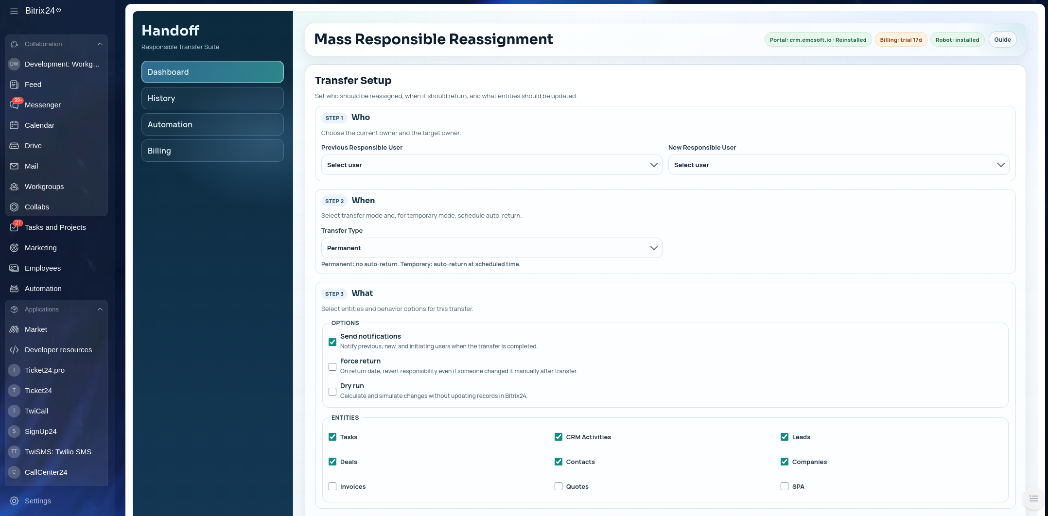 Handoff in Bitrix24: choose the previous and new responsible users, transfer mode, and CRM entities